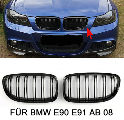 Für BMW E90 E91 ab 08 Sport Kühlergrill Nieren Doppelsteg Glanz Schwarz