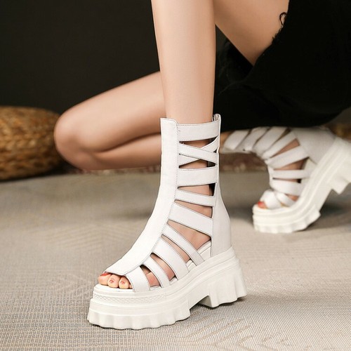 Sandalias Punk Góticas Gladiador Mujer Cuero de Vaca Verano Botas de Plataforma Tacones Altos - Imagen 3 de 10