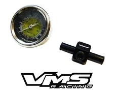 0-100 PSI RACING FUEL PRESSURE GAUGE & 3/8" INLINE HOSE END TEE YELLOW CARBON F