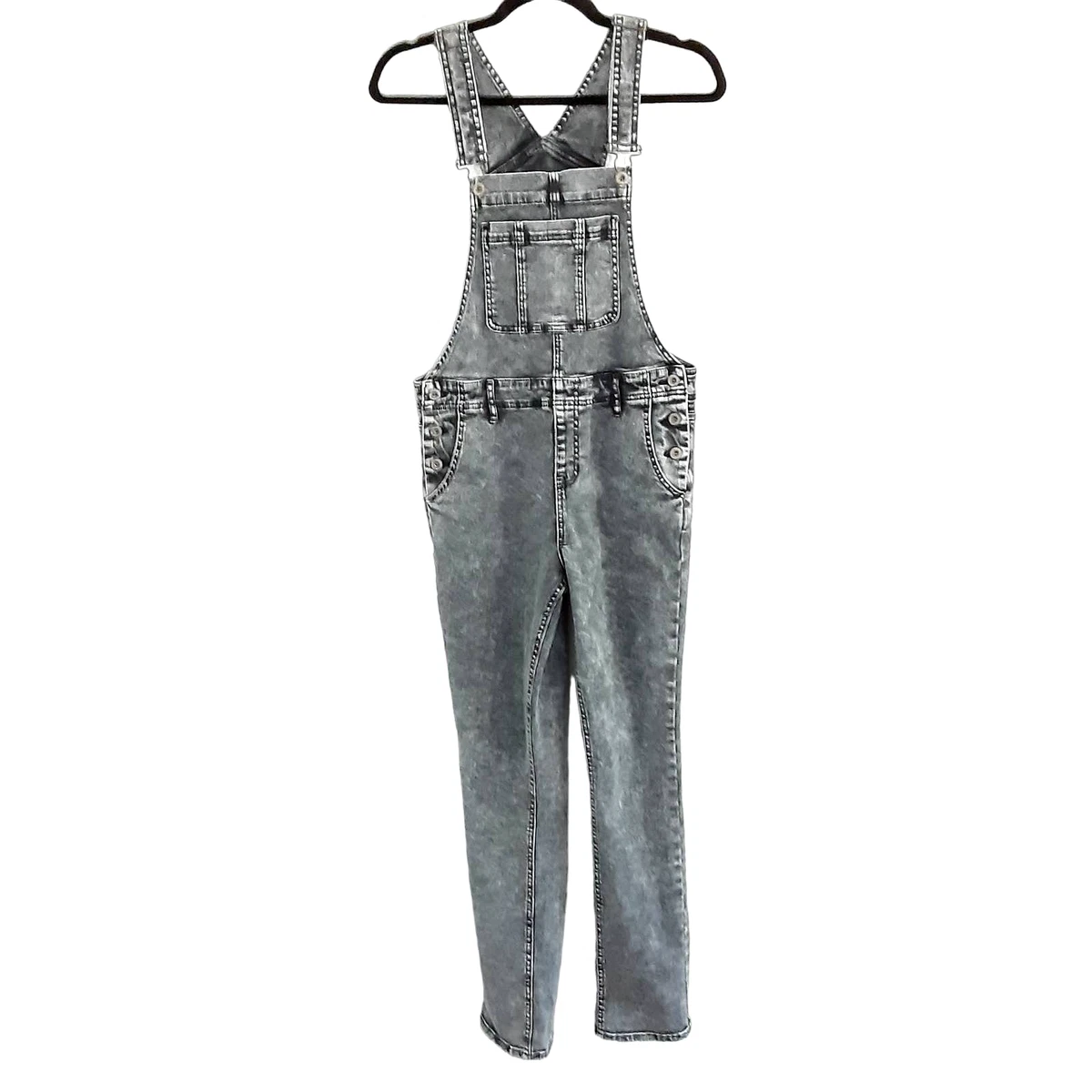 Bullhead Denim Co Acid Wash Slim Leg Overalls Black Denim Womens M Adjustable