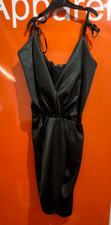 Pretty Little Thing Black Satin Tie Shoulder Wrap Bodycon Dress, Size 10,/SF3849