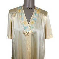 Vintage Yellow Embroidered Nylon Button Down Nightgown House Robe