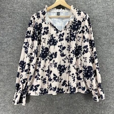 Shein Blouse Women 12 Beige Floral V-Neck Tasseled Long Sleeve Pullover Casual