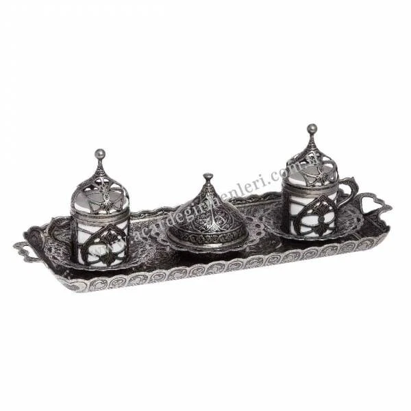 Elegante juego de tazas de café color plata con azucarero, diseño tradicional turco Foto 3 de 4
