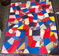Vintage Colorful Handmade Large Patchwork Quilt 70" x 90" Signed