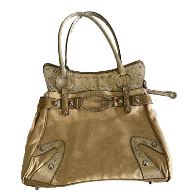 Vintage Guess Brown Leather studded hand bag Y2K Beige Canvas