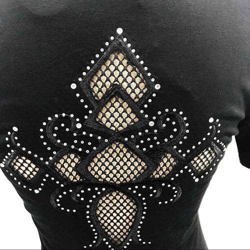 Sexy Mesh Cross Rhinestone Embellished Tshirt NWT Biker Peekaboo Club Unique Sml - Picture 5 of 7
