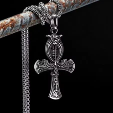 Djed Ank Stainless Steel Ancient Egyptian 2-Sides Silver Pendant Jewelry