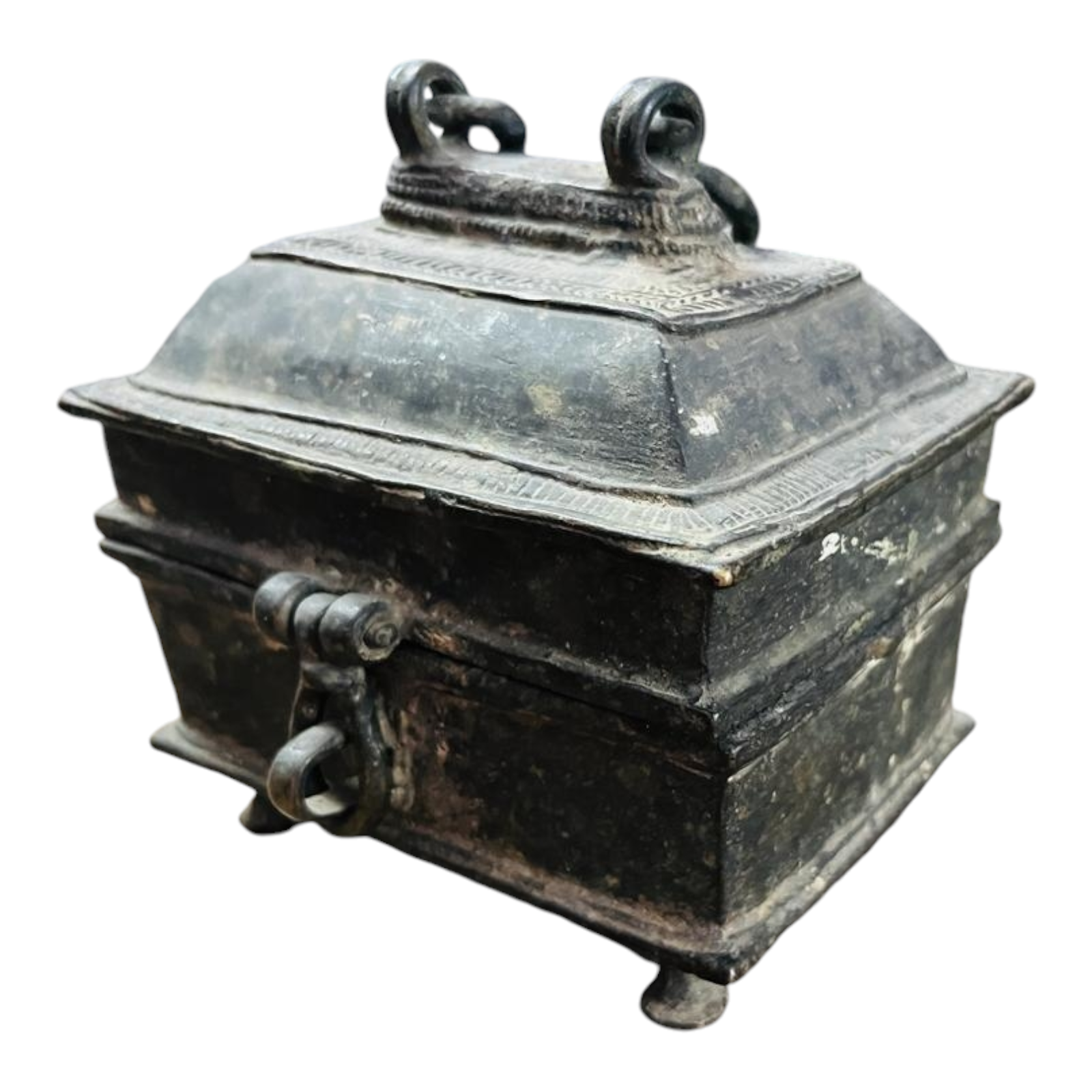 Rare 1850's Original Old Vintage Antique Brass Fine Design Engraved Jewelry Box-image