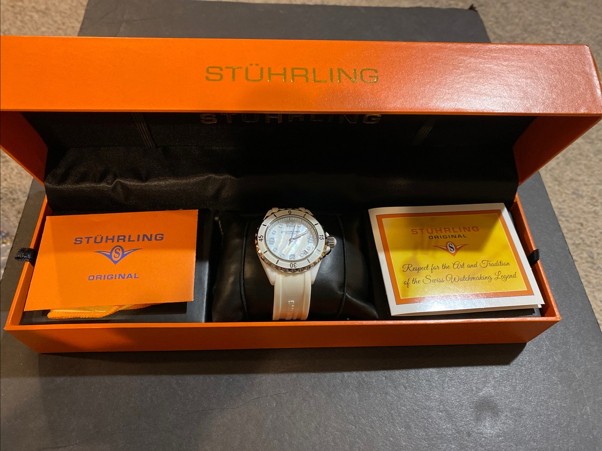 Stuhrling Original White Watch Ceramic Face Rubber Band | eBay