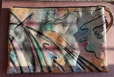 VTG BOTARY 80  s Leather Clutch Wristlet Bag Hand Painted Silver Orange 14x10  