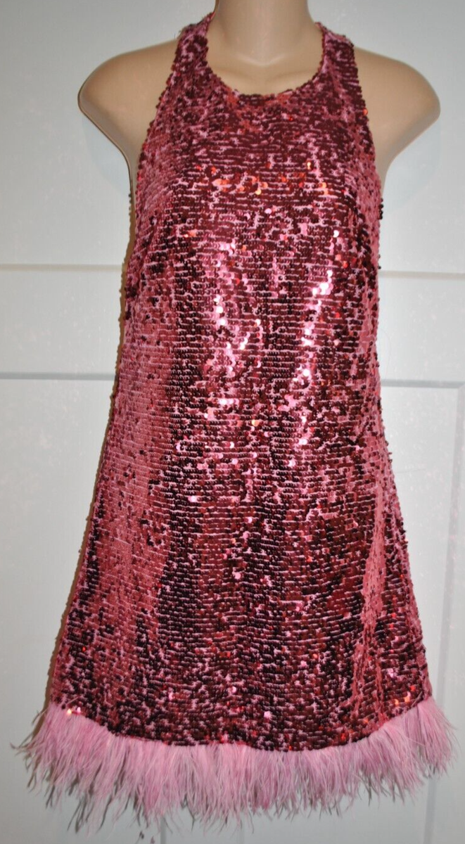 AIIFOS Revolve Pink Sequin Feather Hem Halter Mini Dress size XS/S Taylor  Eras