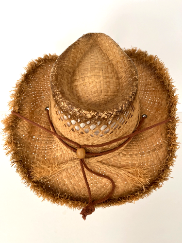 Raffia Straw Western Pinch Front Hat W/Wire Frayed Edge & Chin Strap Size L/XL - Picture 7 of 9