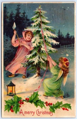 Postcard Merry Christmas Angel Helping Girl Chop Down Christmas Tree BW Pub HC22
