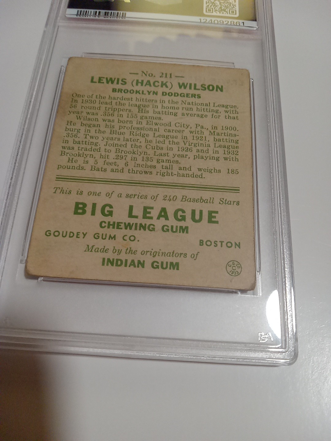 1933 Goudey # 211  Hack  Wilson  PSA  1.5 FR view 7