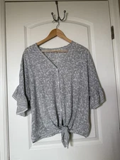 Max Studio Women's L White Floral Tie-front Top Flutter Short Sleeve Top Blouse