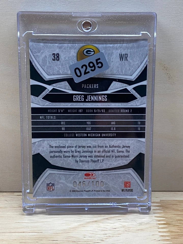 Donruss Gridiron Gear X Greg Jennings 2008 parche/100 Packers juego usado Foto 2 de 2