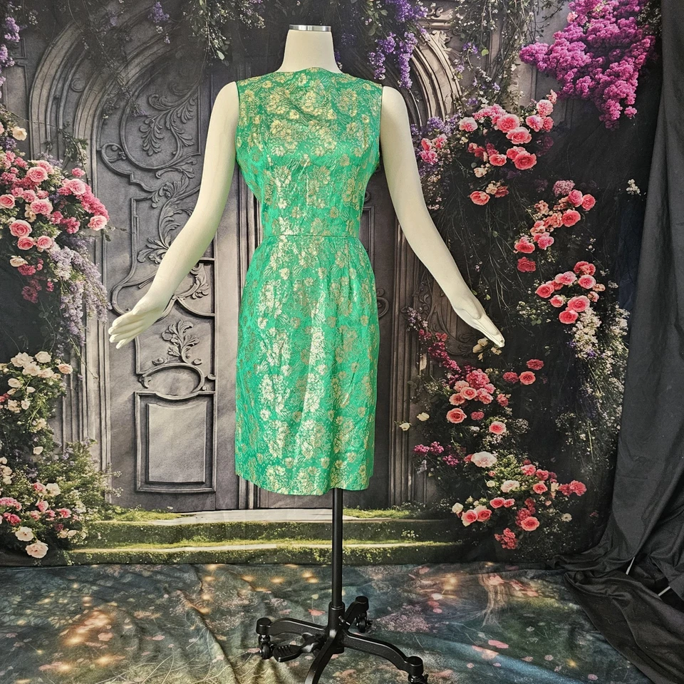 Vintage 1960's Dress Brocade Green Gold Floral Sleeveless - Image 2 of 4