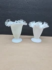 Pair of Small Vtg Fenton Silver Crest Ruffled Edge Vases Milk Glass