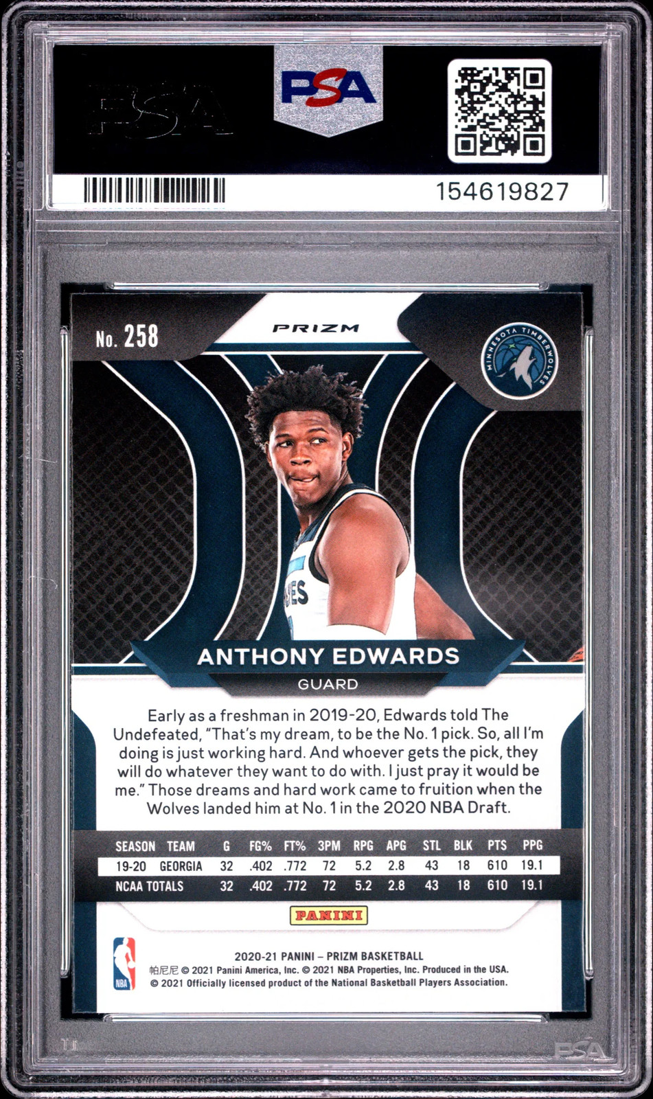 PSA 9 2020 Panini Prizm Anthony Edwards Silver Rookie RC #258 view 2