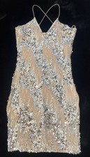Silver Sequin Abstract Bodycon Short Dress Sleeveless V-Neck Party/Cocktail