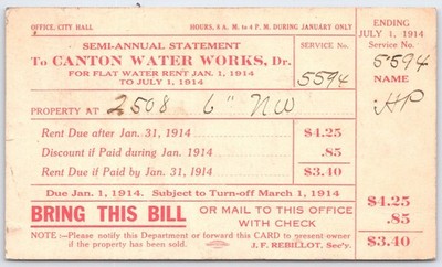 1914 Canton Ohio Water Works Semi-Annual Statement Postcard