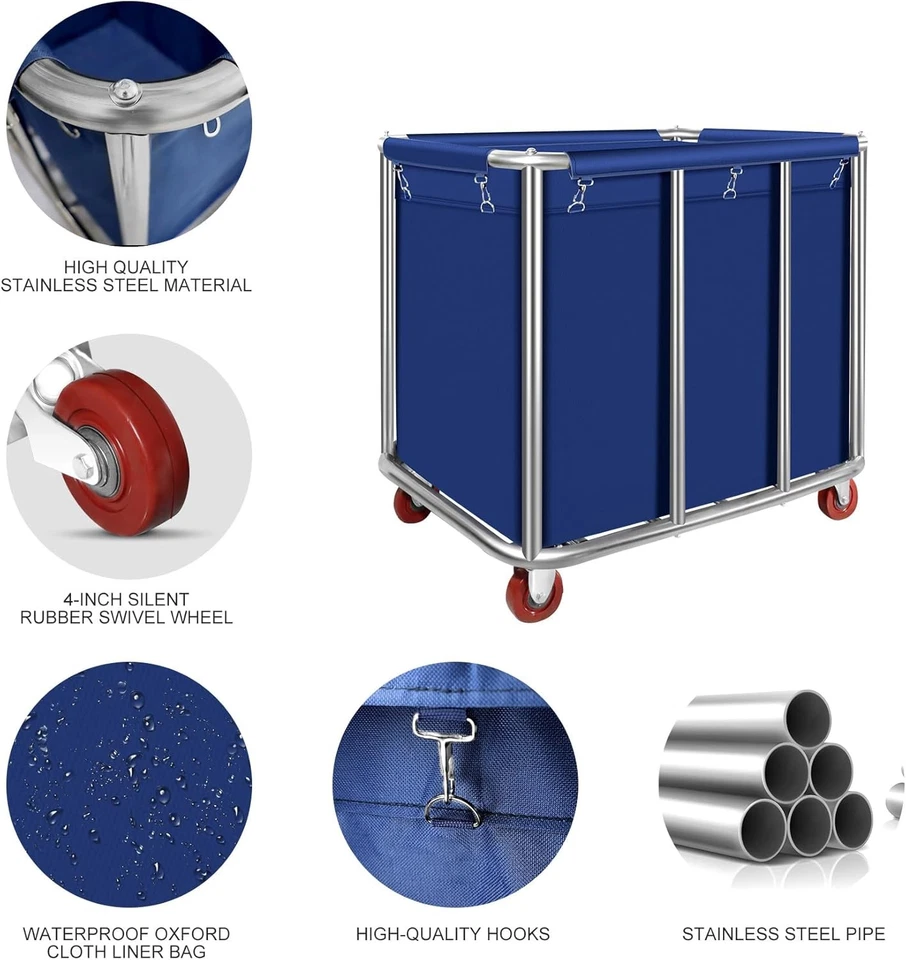 Commercial Laundry Cart with Wheels 11.35 Bushel Industrial Laundry Blue - Image 4 of 4