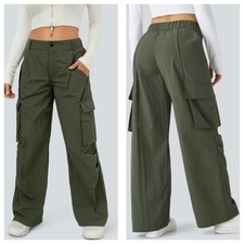 NWOT Halara Womens Green Mid Rise Side Pocket Wide Leg Nylon Cargo Pants Size XL