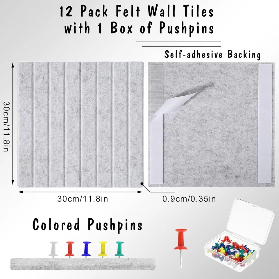 Large Cork Board 48" X 36", 12 Pack Slat Felt Wall Tiles with Colored Pushpins, - Image 3 of 4