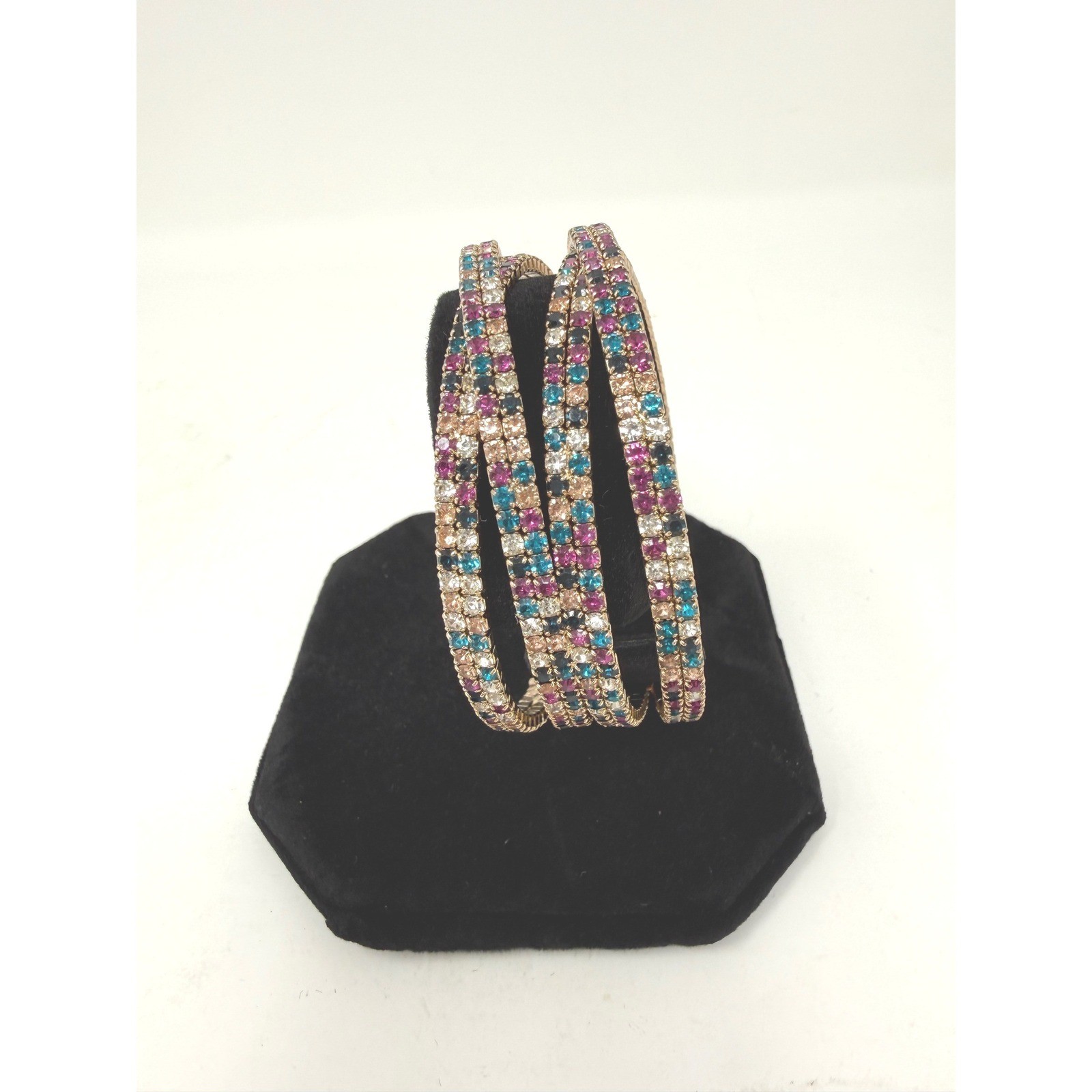 Multicolor Rhinestone 4 Row Gold Tone Statement Cuff Bracelet Boho Glam