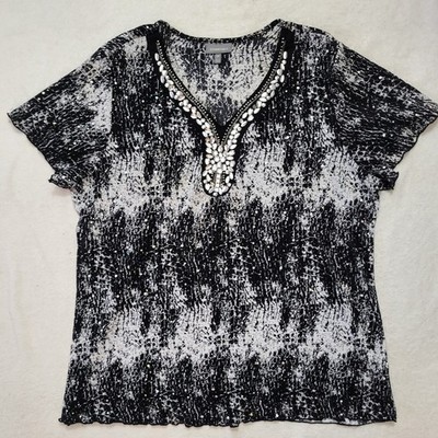 Essentials Black And White Women's Bejeweled Tunic Size 2XL Short Sleeve 