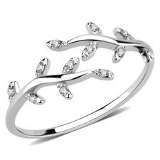Women's Leaf Ring, Clear CZ, Stainless Steel, Nature Inspired, Sparkling Stones