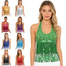 Women Belly Dance Bra Top Shiny Sequins Glitter Lace-up Crop Top for Stage Party