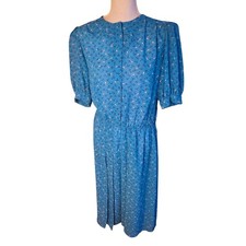 Vintage 80s JT Dress Blue Floral Puff Sleeve Midi Cottagecore Prairie Boho Sz M