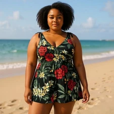 Summer Mae 2XL Black Floral Print Swim Dress Women's Plus Size Swimsuit