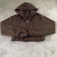 Zara Hoodie Womens Large Brown Full Zip Cropped Fleece Sweatshirt Jacket Casual