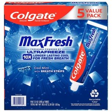 Colgate MaxFresh Toothpaste with Mini Breath Strips,Cool Mint,7.3 oz 5 pk 0.60 per gallon