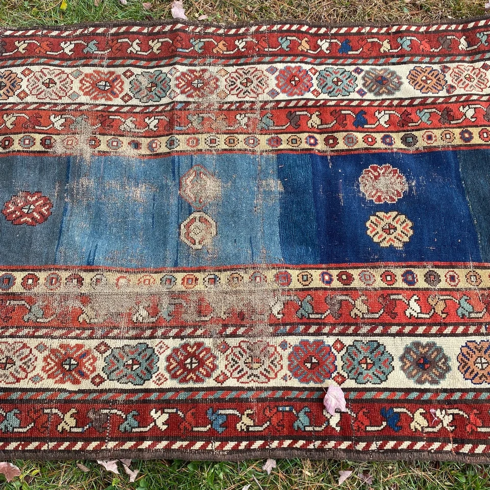 Antique Rug 3' 5 x 7' 5 Blue Hand Knotted Caucasian Wool Oriental Rug - Image 3 of 4