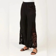 XCVI Ismay Womens Black Crochet LINEN Wide Le...