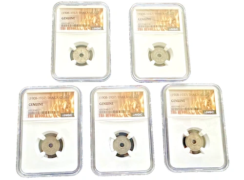 (1908–1937) Thailand 5 Satang Lot of 5 – NGC Certified Genuine – Buddha Series