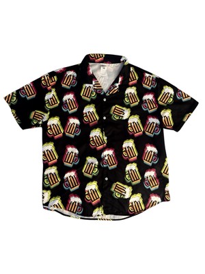Men's Beer Mug Hawaiian Style Button-Up Shirt - Size XL - Black with Neon Print