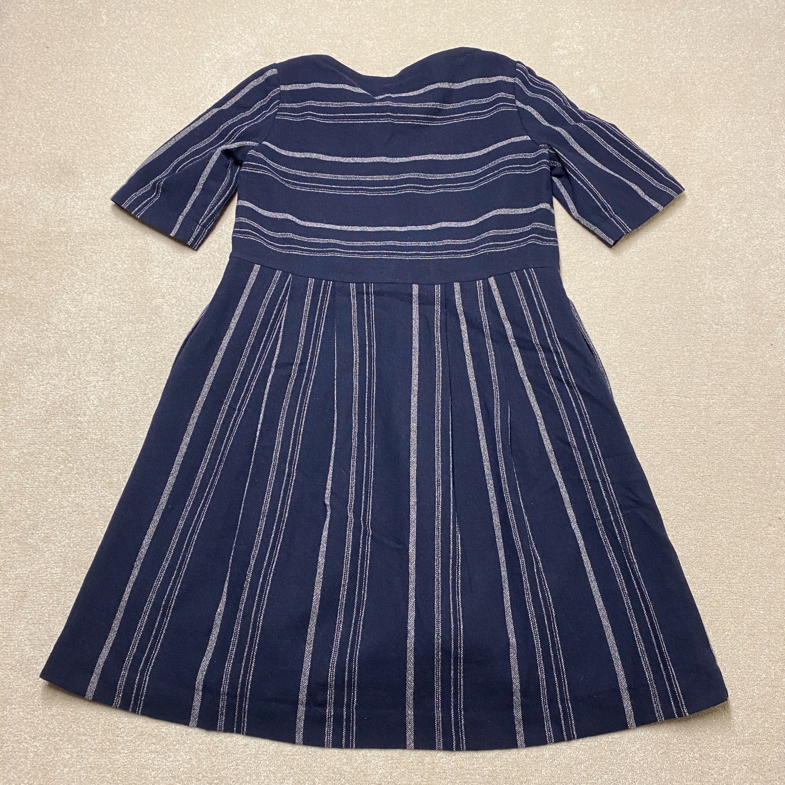 Toast Midi Dress UK 14 Navy Blue Ecru Stripe Wool Gauze Moroccan Boat Neck