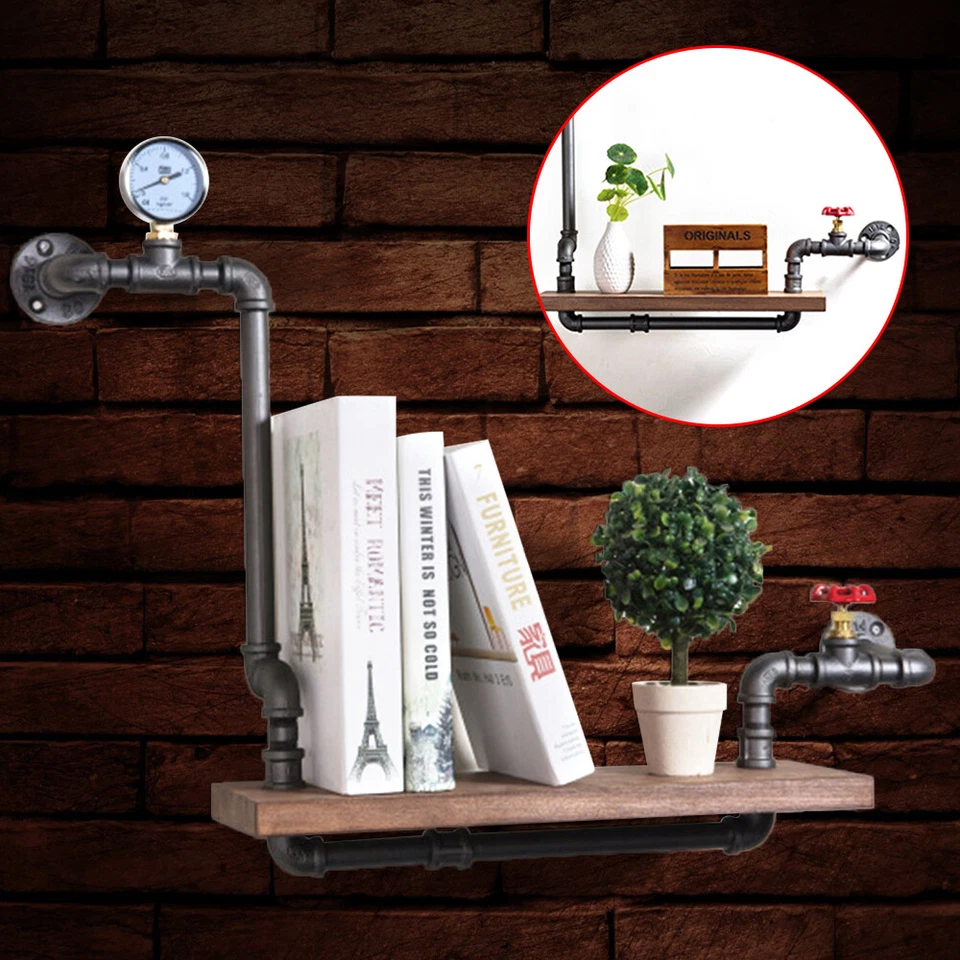 Retro Storage Unit Industrial Tier Wall Shelf Wooden Bookcase Rectangular - Image 2 of 4