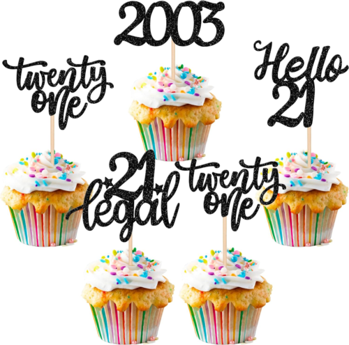 24PCS Happy 21st Birthday Cupcake Toppers Glitter Hello 21 Legal Cupcake Picks S - Afbeelding 1 van 7
