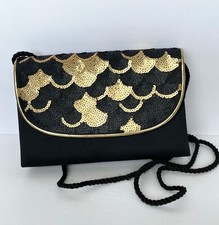Evening Bag Satin Sequins Black Gold Tone Caparros