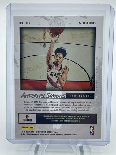ANFERNEE SIMONS 2018-19 Panini Chronicles Luminance ROOKIE RC #167 🔥 - Picture 2 of 2