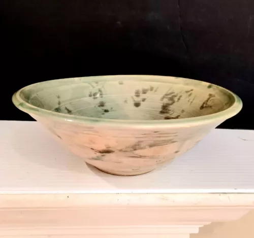 Studio Art Pottery Bowl  Hand Thrown  Green Earth Tones Drip Glaze 8 X 3 Signed