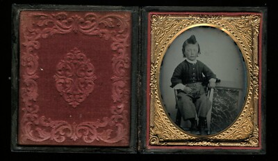 #ad 1 6 Ambrotype Cute Boy Funny Hair Unusual Table 1860s Full Case $215.00