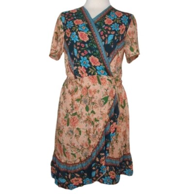 ecowish boho dress Womens Medium Floral Summer Wrap Bohemian Peach Teal Q4c Boho Maxi Maxi Dress Size:11 US Women (8 UK/AU) Blue Circle Skirt Dress