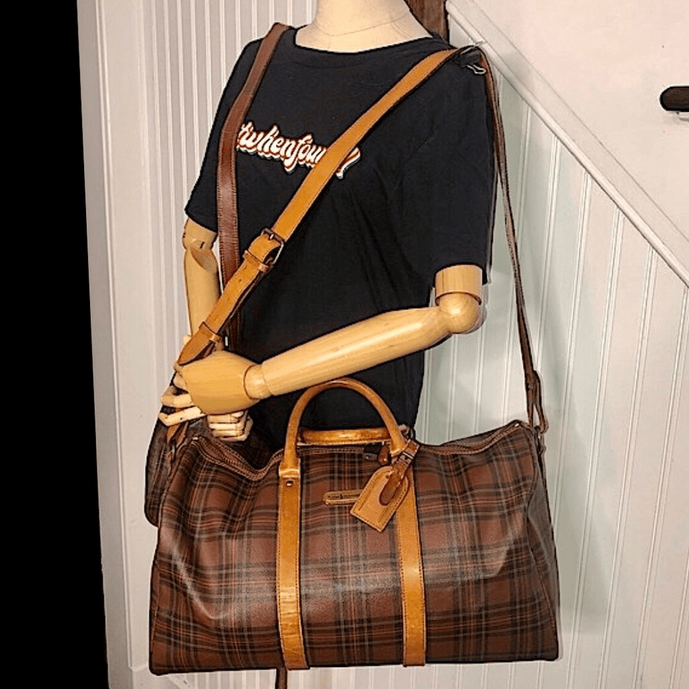 RALPH LAUREN Brown Green Tartan Plaid Boston Duffle Travel Tote